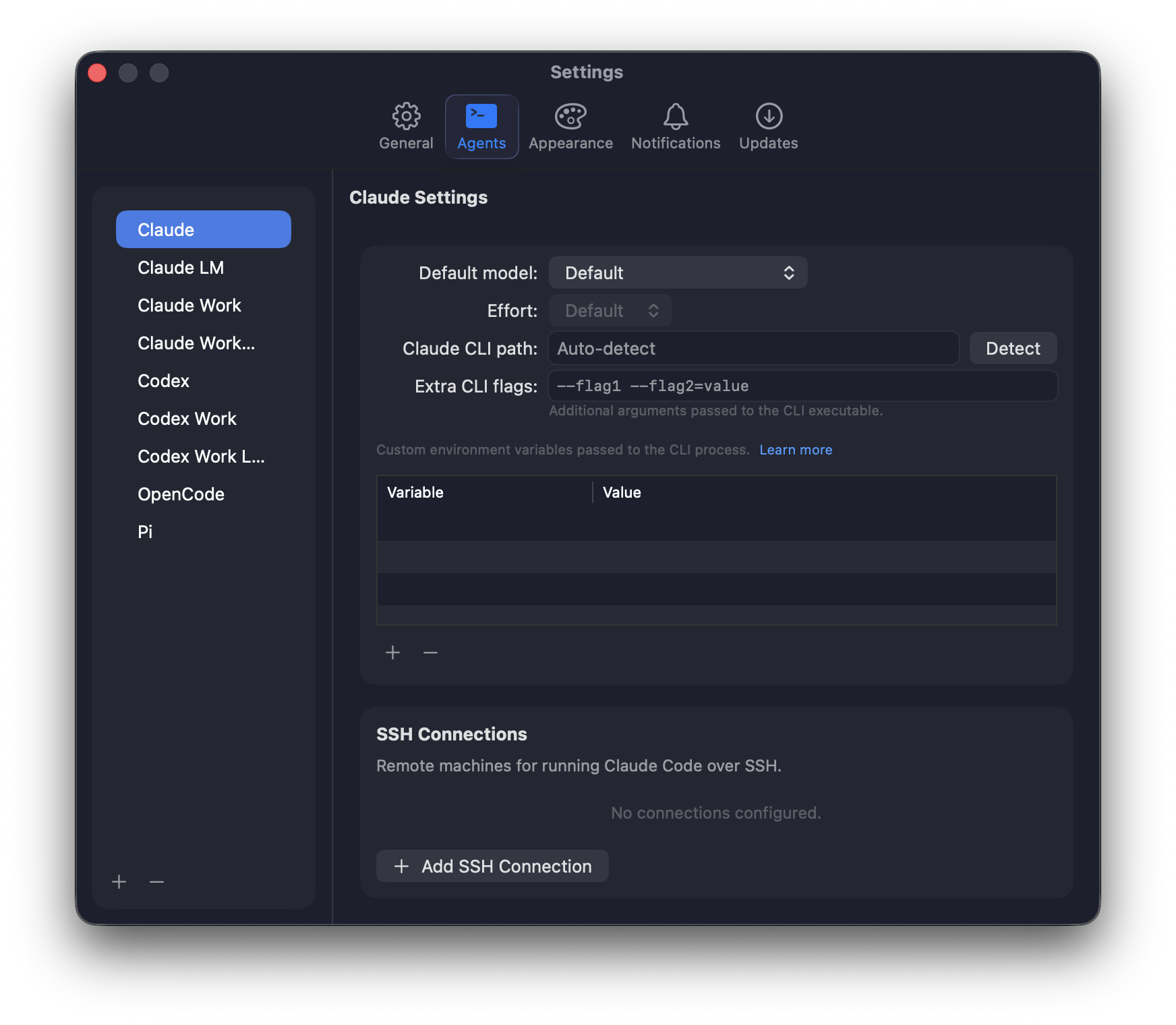 Commander Settings window showing the Agents tab with a Claude profile selected, extra CLI flags, environment variables, and SSH connections.