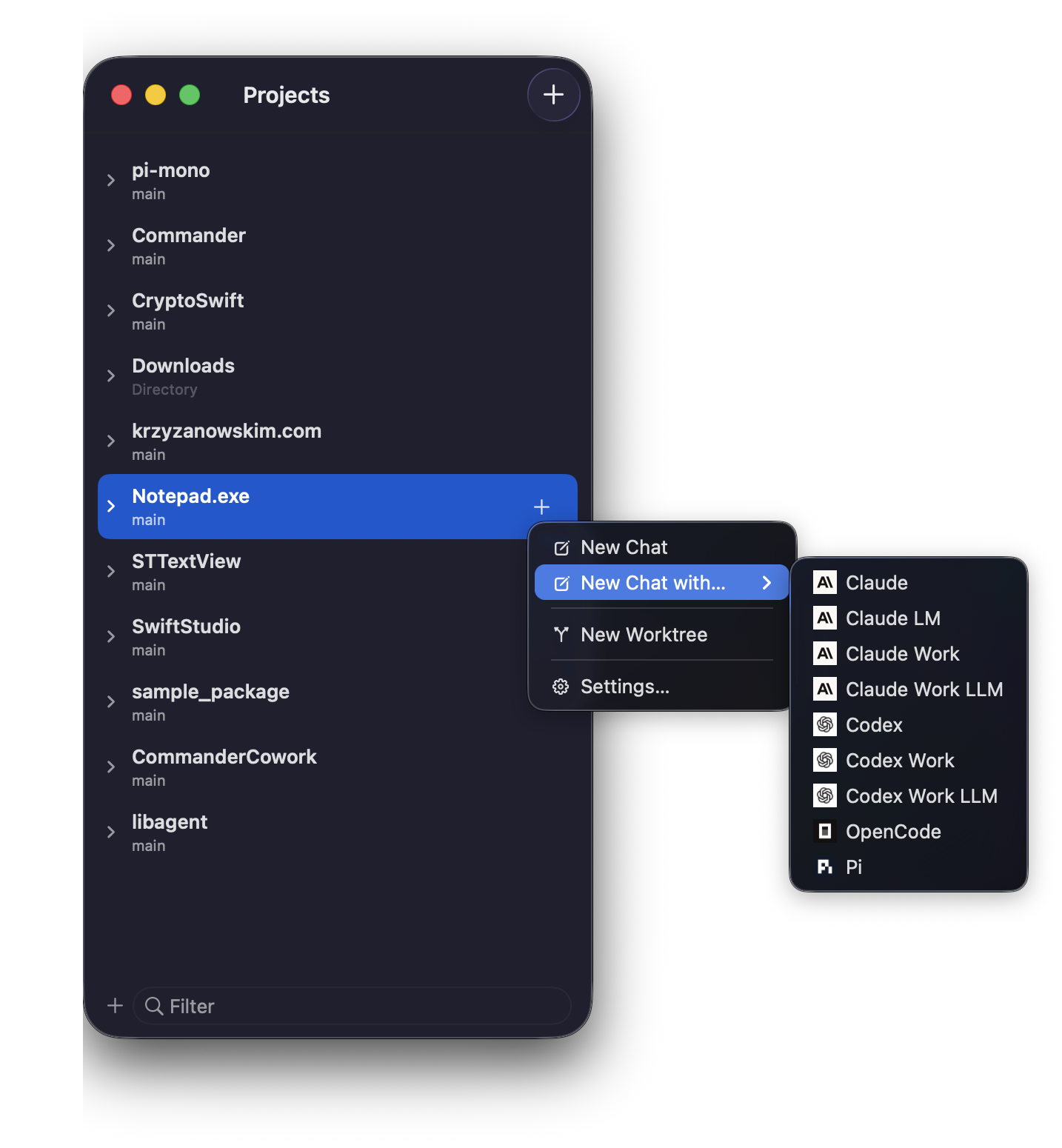 Projects list context menu showing New Chat with and a submenu of available agent profiles, including Claude, Claude LM, Claude Work, Codex, Codex Work, OpenCode, and Pi.