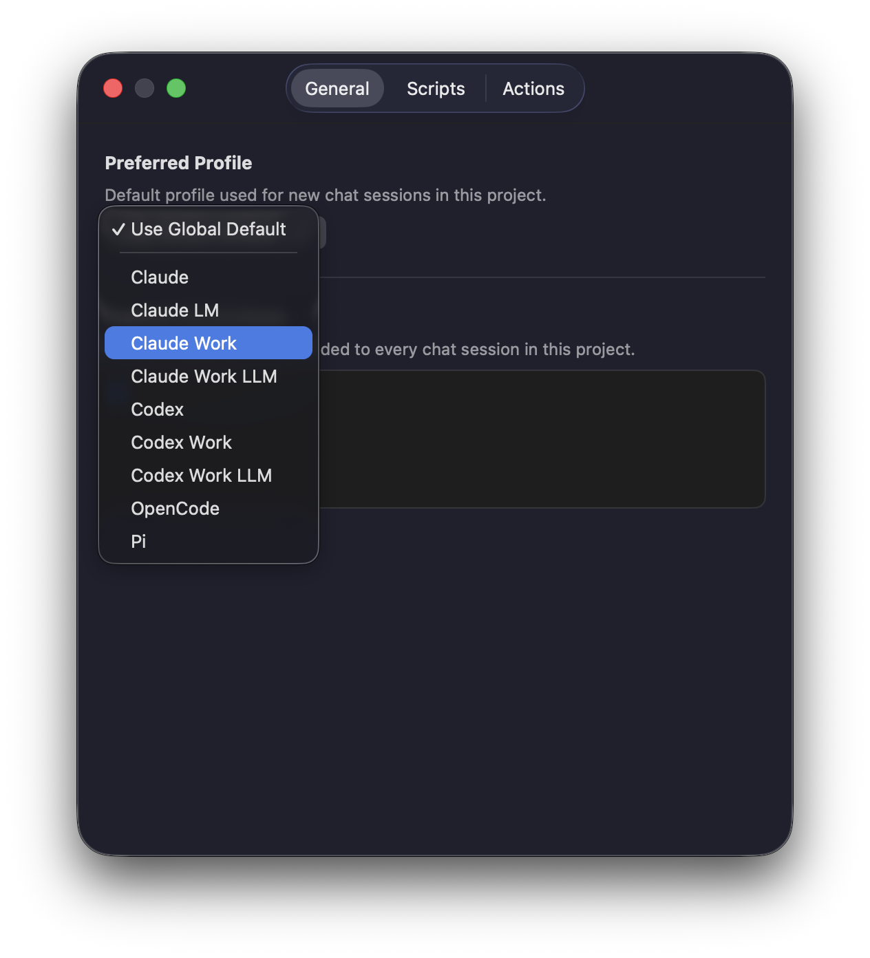 Project Settings window showing the Preferred Profile dropdown with multiple agent profiles available, including Claude, Codex, OpenCode, and Pi.